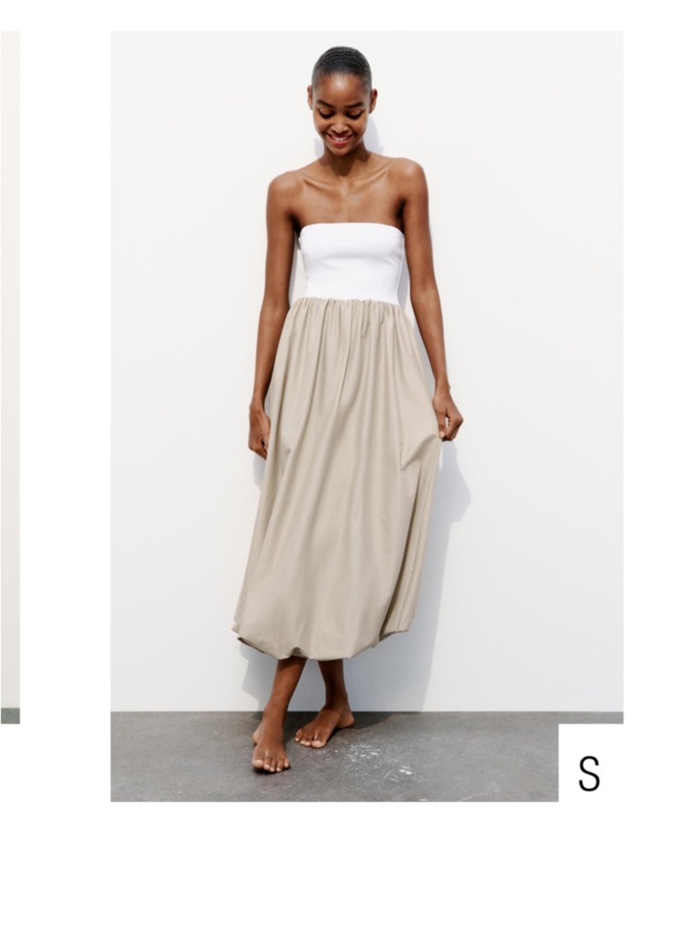 Zara Strapless Two-Tone Midi Dress in White and Beige